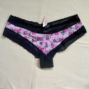 🌸 Victoria’s Secret PINK Cheeky Panty Pink Floral Black Lace Trim